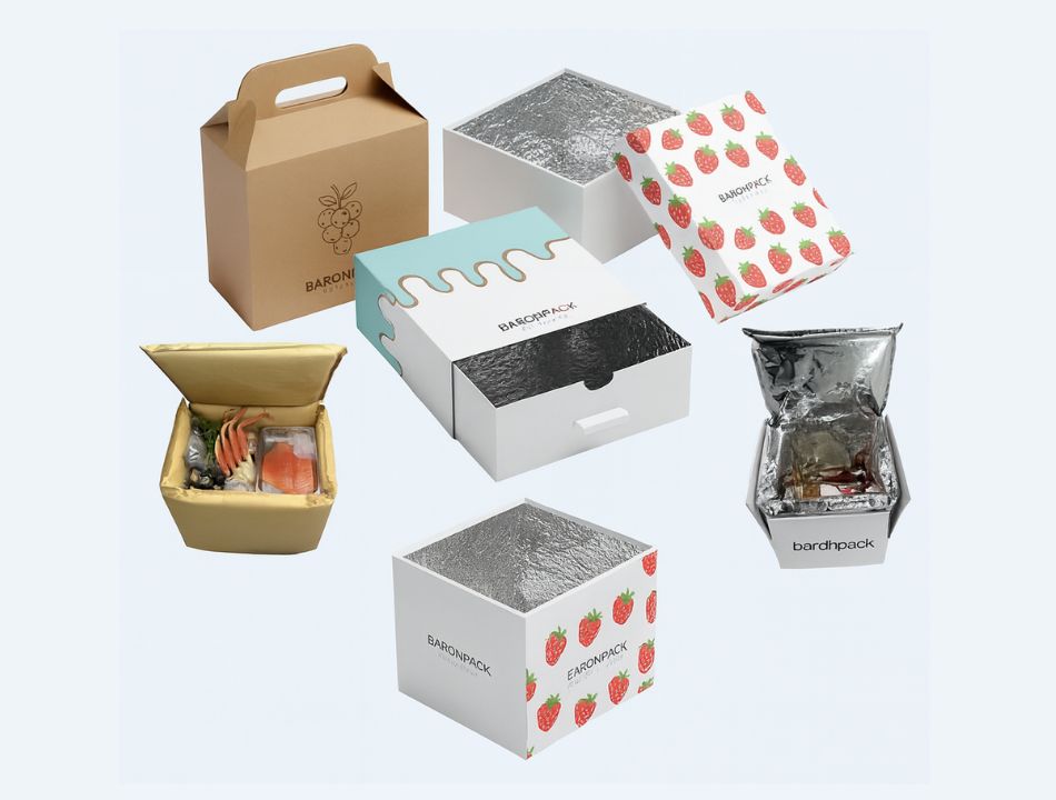 Three different custom-designed thermal boxes showing various shapes and branding.