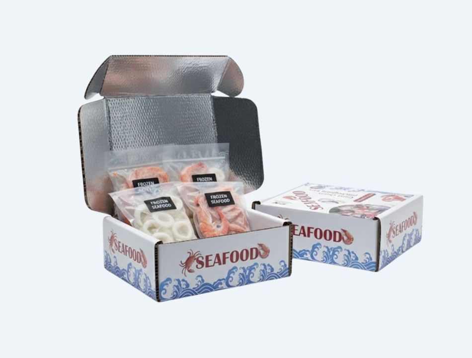 An open thermal box containing fresh seafood to demonstrate temperature control.